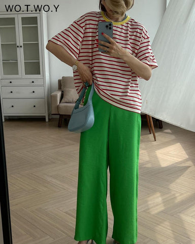 WOYWOY 2023 Summer Casual Striped T-shirts Women 100% Cotton Loose Fit Knitted T Shirt Female Korean Y2K Tops Tee Shirt Goth