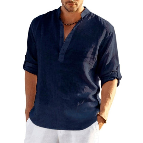 New Men&#39;s Linen Long Sleeve T-Shirt Solid Color Loose Casual Shirt Long Sleeve Cotton Linen Shirt