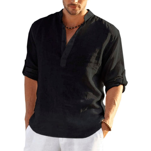 New Men&#39;s Linen Long Sleeve T-Shirt Solid Color Loose Casual Shirt Long Sleeve Cotton Linen Shirt