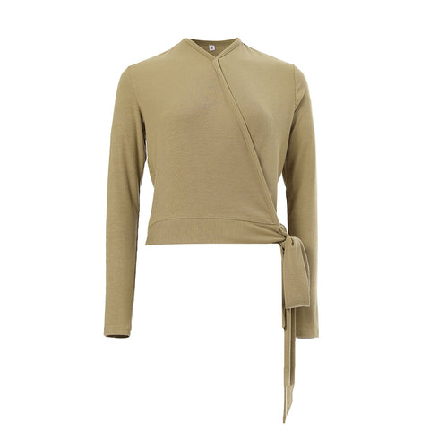 AP Wrap Tee 2023 Spring Summer Women Wrap T-shirt Ribbed Tie Long Sleeve Top High Quality 5 Colors, #1100