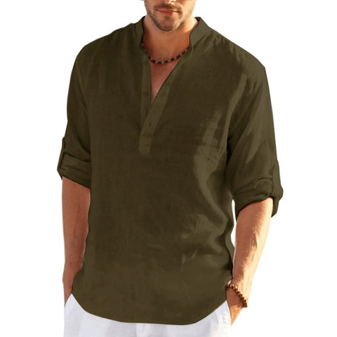 New Men&#39;s Linen Long Sleeve T-Shirt Solid Color Loose Casual Shirt Long Sleeve Cotton Linen Shirt