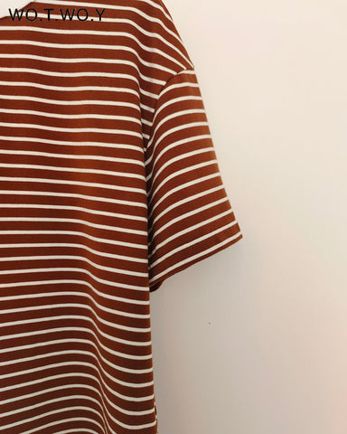 WOYWOY 2023 Summer Casual Striped T-shirts Women 100% Cotton Loose Fit Knitted T Shirt Female Korean Y2K Tops Tee Shirt Goth