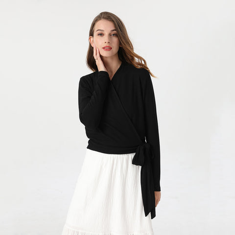 AP Wrap Tee 2023 Spring Summer Women Wrap T-shirt Ribbed Tie Long Sleeve Top High Quality 5 Colors, #1100
