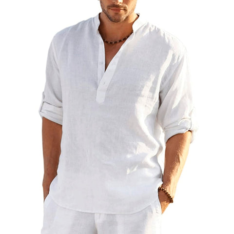 New Men&#39;s Linen Long Sleeve T-Shirt Solid Color Loose Casual Shirt Long Sleeve Cotton Linen Shirt