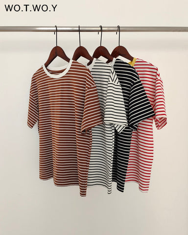 WOYWOY 2023 Summer Casual Striped T-shirts Women 100% Cotton Loose Fit Knitted T Shirt Female Korean Y2K Tops Tee Shirt Goth