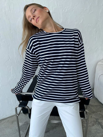 Bornladies Summer Short Sleeve Striped T-Shirts Women Knitted Basic Casual Tops Female Cozy Loose Cotton Tee 2023 Harajuku Shirt