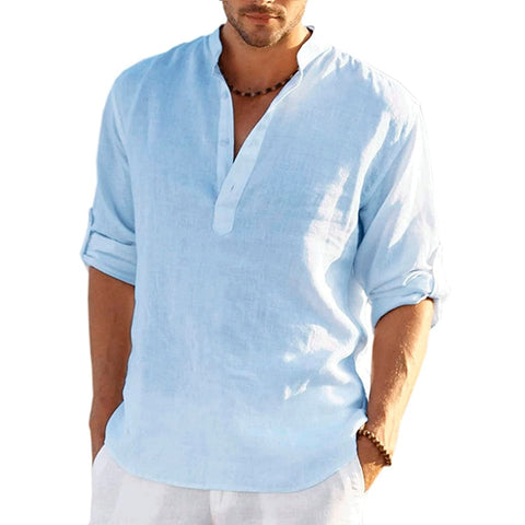New Men&#39;s Linen Long Sleeve T-Shirt Solid Color Loose Casual Shirt Long Sleeve Cotton Linen Shirt