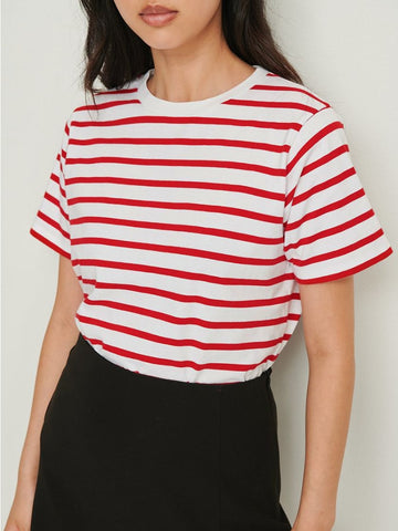 Bornladies Summer Short Sleeve Striped T-Shirts Women Knitted Basic Casual Tops Female Cozy Loose Cotton Tee 2023 Harajuku Shirt