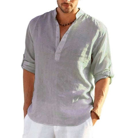 New Men&#39;s Linen Long Sleeve T-Shirt Solid Color Loose Casual Shirt Long Sleeve Cotton Linen Shirt
