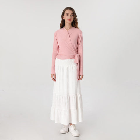 AP Wrap Tee 2023 Spring Summer Women Wrap T-shirt Ribbed Tie Long Sleeve Top High Quality 5 Colors, #1100