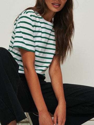 Bornladies Summer Short Sleeve Striped T-Shirts Women Knitted Basic Casual Tops Female Cozy Loose Cotton Tee 2023 Harajuku Shirt