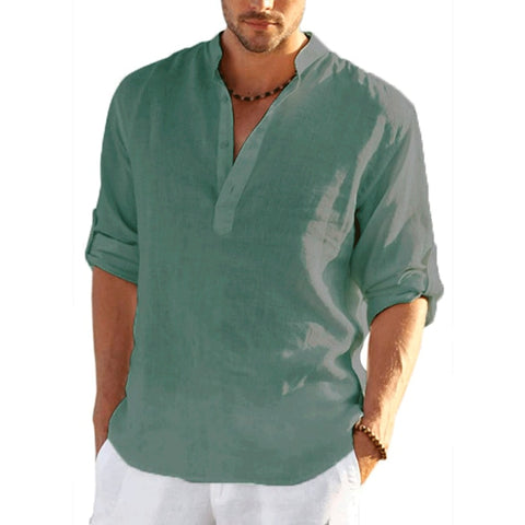 New Men&#39;s Linen Long Sleeve T-Shirt Solid Color Loose Casual Shirt Long Sleeve Cotton Linen Shirt
