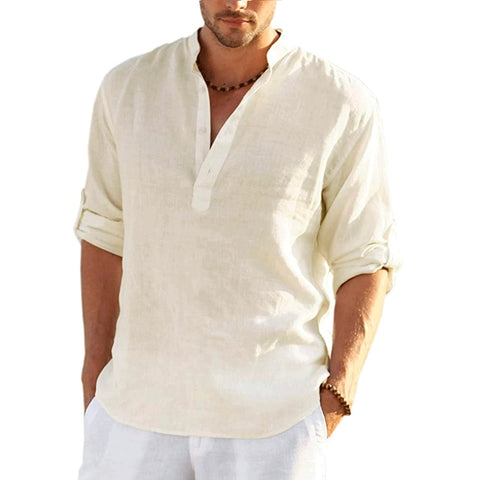 New Men&#39;s Linen Long Sleeve T-Shirt Solid Color Loose Casual Shirt Long Sleeve Cotton Linen Shirt