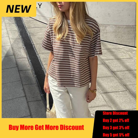 WOYWOY 2023 Summer Casual Striped T-shirts Women 100% Cotton Loose Fit Knitted T Shirt Female Korean Y2K Tops Tee Shirt Goth