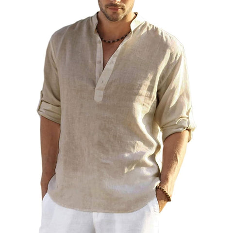New Men&#39;s Linen Long Sleeve T-Shirt Solid Color Loose Casual Shirt Long Sleeve Cotton Linen Shirt