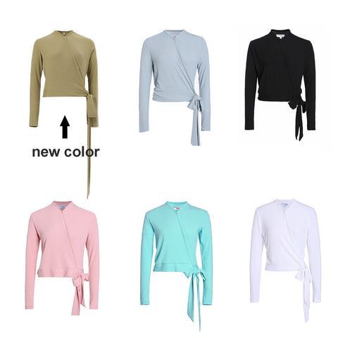 AP Wrap Tee 2023 Spring Summer Women Wrap T-shirt Ribbed Tie Long Sleeve Top High Quality 5 Colors, #1100