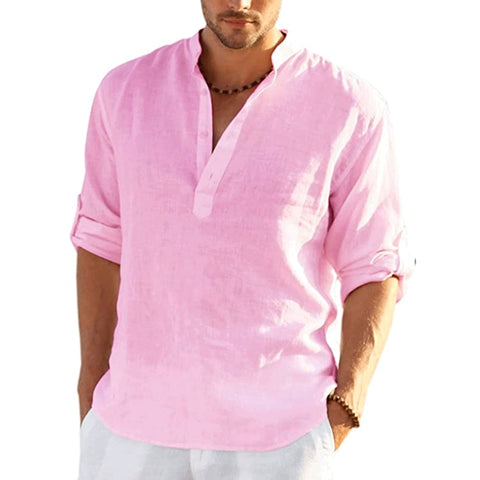 New Men&#39;s Linen Long Sleeve T-Shirt Solid Color Loose Casual Shirt Long Sleeve Cotton Linen Shirt