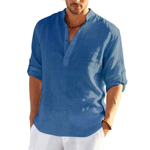 New Men&#39;s Linen Long Sleeve T-Shirt Solid Color Loose Casual Shirt Long Sleeve Cotton Linen Shirt