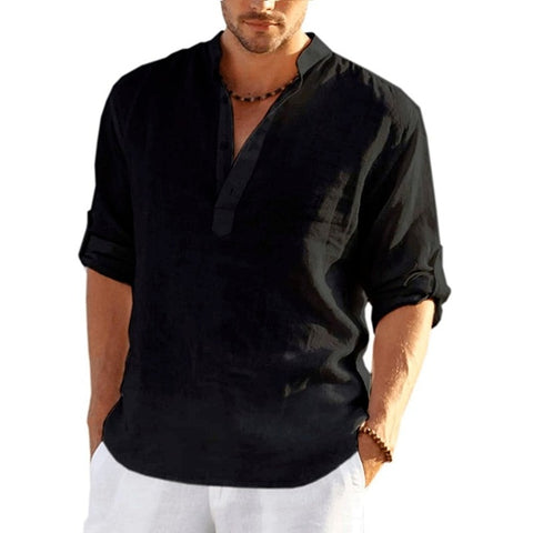 New Men&#39;s Linen Long Sleeve T-Shirt Solid Color Loose Casual Shirt Long Sleeve Cotton Linen Shirt