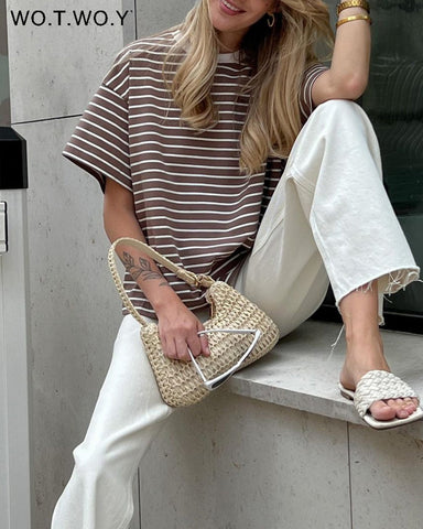 WOYWOY 2023 Summer Casual Striped T-shirts Women 100% Cotton Loose Fit Knitted T Shirt Female Korean Y2K Tops Tee Shirt Goth