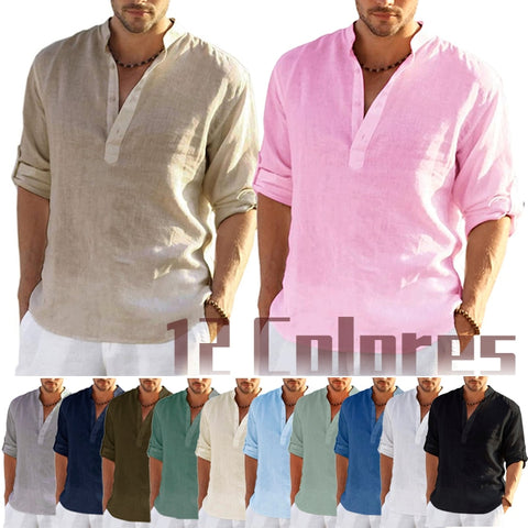 New Men&#39;s Linen Long Sleeve T-Shirt Solid Color Loose Casual Shirt Long Sleeve Cotton Linen Shirt