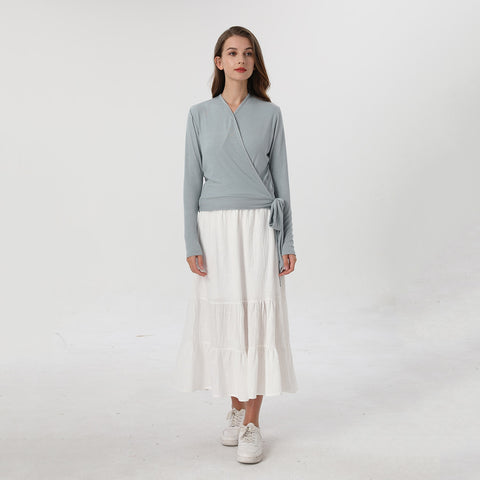 AP Wrap Tee 2023 Spring Summer Women Wrap T-shirt Ribbed Tie Long Sleeve Top High Quality 5 Colors, #1100