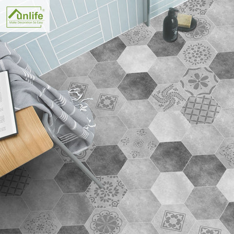 Funlife Floor Stickers Black White Gray Portuguese Tile Anti-Slip Self-Adhesive Waterproof Wall Sticker for Bathroom Kitchen