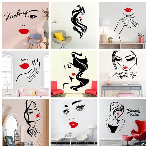 Beauty Salon Wall Sticker Beautiful Lady Hairdresser For Lady's Red Lips Vinyl Makeup Sticker Hair Hairdo Barbers Decal