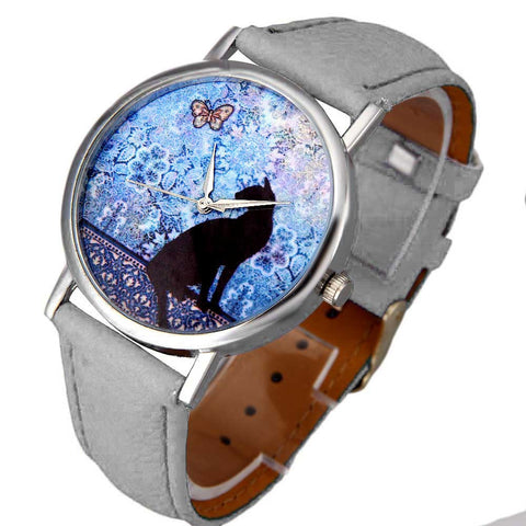 Cat Pattern Leather Band Analog Quartz Vogue Wrist Watch