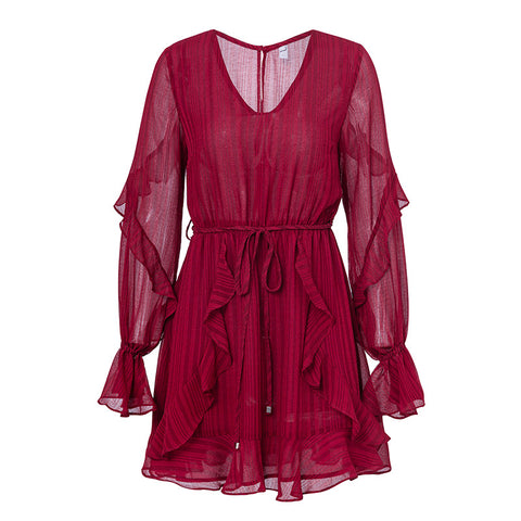 Conmoto Red Autumn Winter Elegant Chiffon Casual Dress Short Solid Women Dress Long Sleeve Black Ruffle Party Dress Vestidos