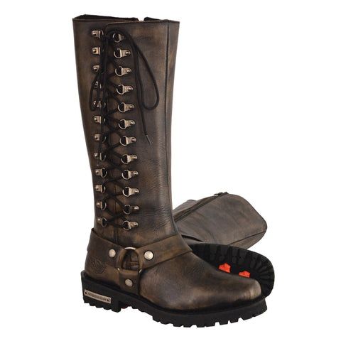 Milwaukee Leather Boots-MBL9368-Ladies Distressed Brown â€œ14â€ Inch Classic Harness Square Toe Leather Boot with Full Lacing